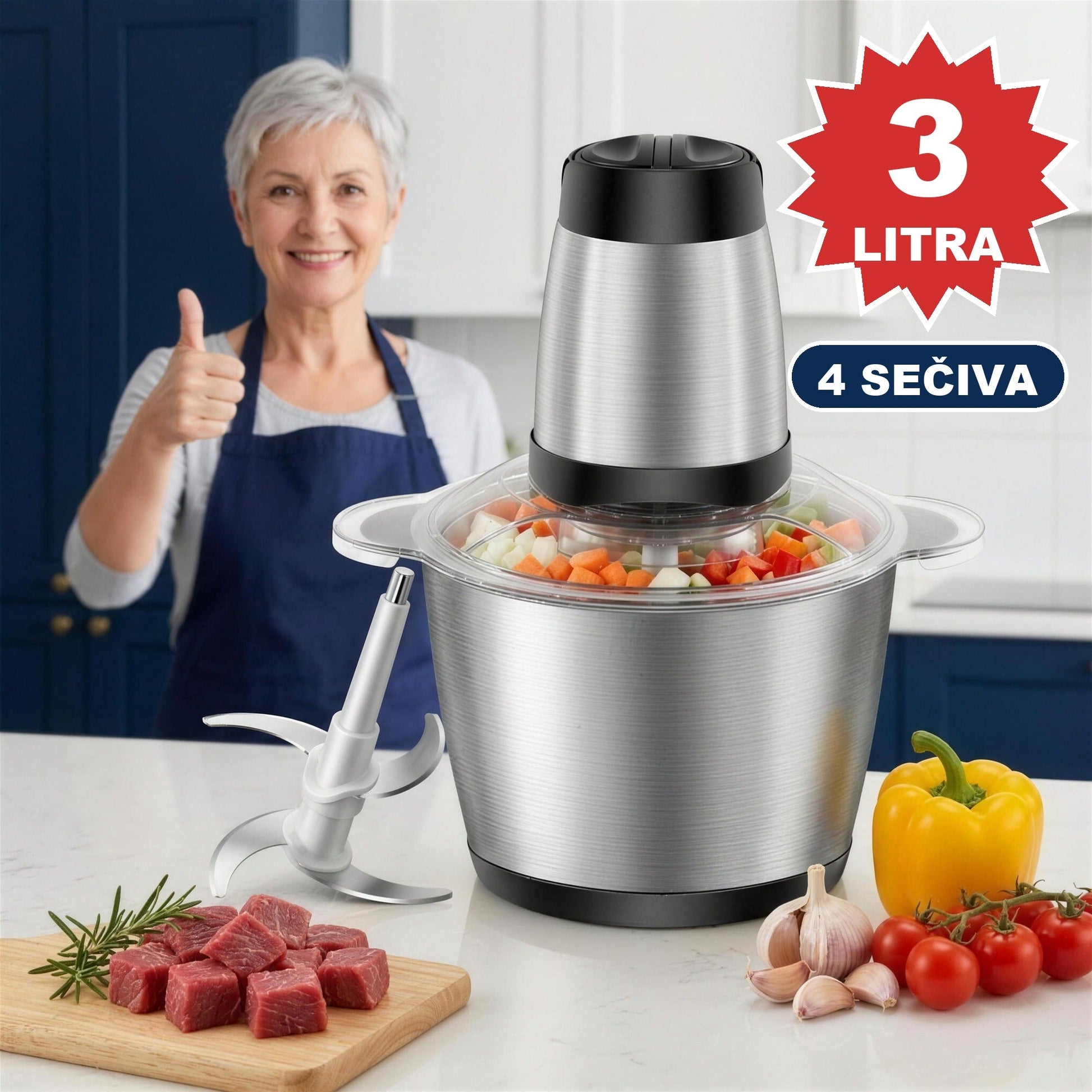 Električni blender 3 litra sa 4 čelična sečiva - seckalica za meso i povrće
